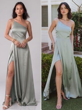 Show Me Your MuMu Shannon Silver Sage One-Shoulder Lux Satin Maxi Dress NWT $198
